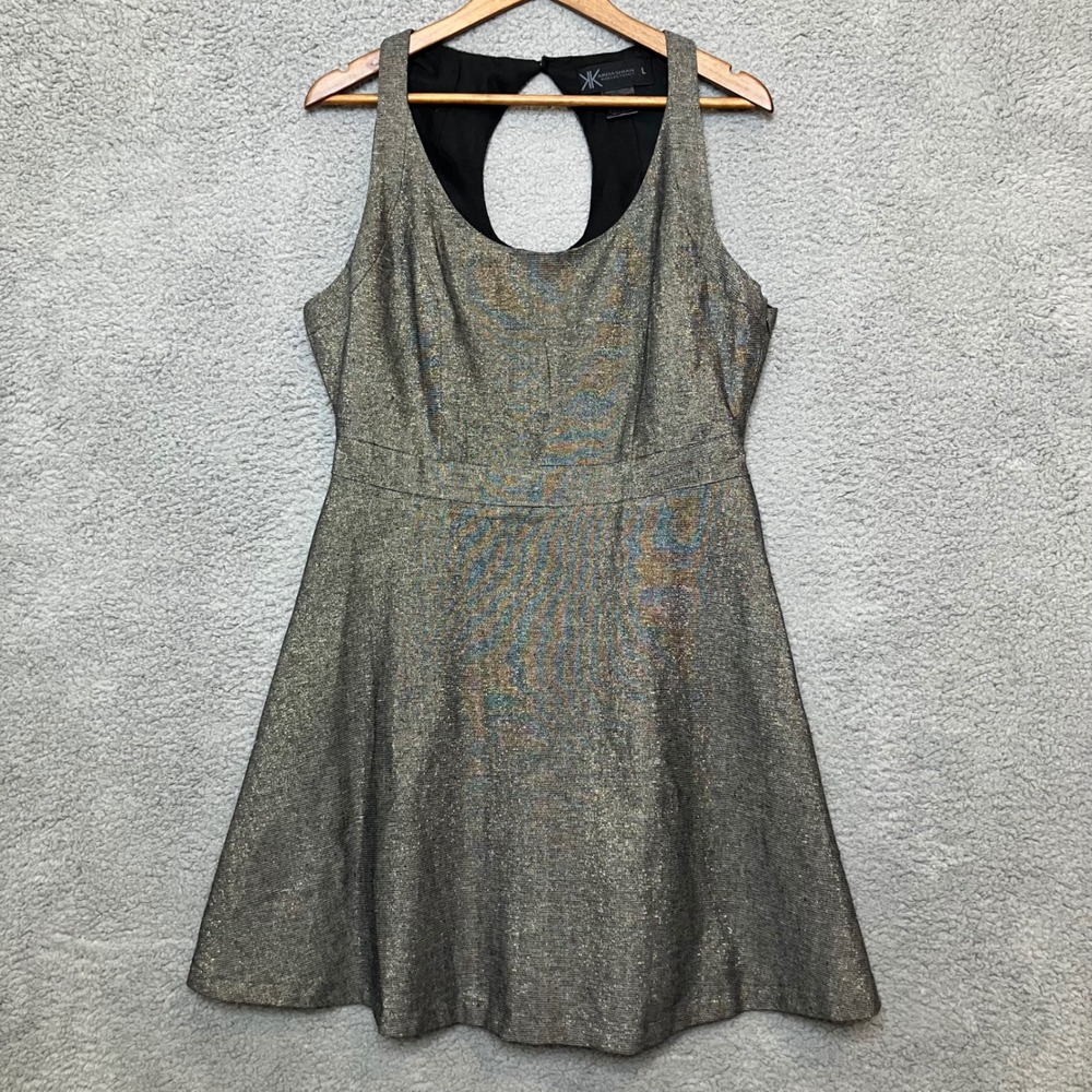 KK Keyhole Fit Flare Dress Women L Metallic Gold Black Linen Cotton Party Mini